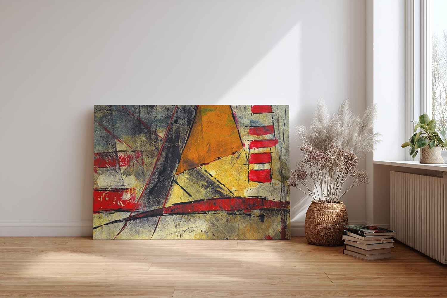 Sinus Art Wandbild 120x80cm Grafische Formen und Linien in Rot, Gelb und Schwarz auf strukturreichem Untergrund