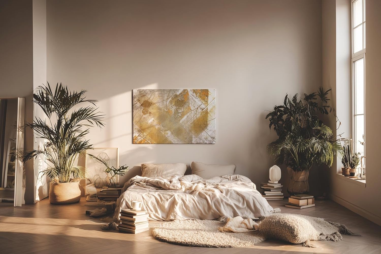 Sinus Art Wandbild 120x80cm Goldfarbene geometrische Formen und Linien auf hellem Hintergrund