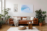 Sinus Art Wandbild 120x80cm Zartes Blattgewebe in kühlem Blau mit Tautropfen – ideal für ruhige Raumgestaltung