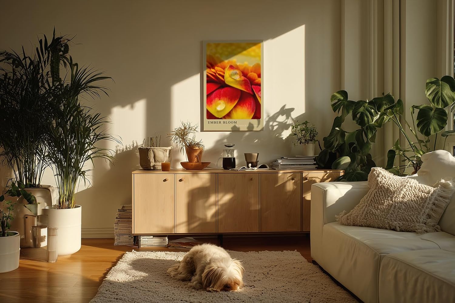 Paul Sinus Kunstdruck 40x60cm Ember Bloom – leuchtend rote und gelbe Blütenblätter mit Tautropfen in Nahaufnahme