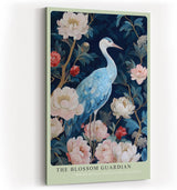 Paul Sinus Wandbild in 40x60cm The Blossom Guardian mit elegantem Kranich zwischen blühenden Pfingstrosen für harmonische Wandgestaltung