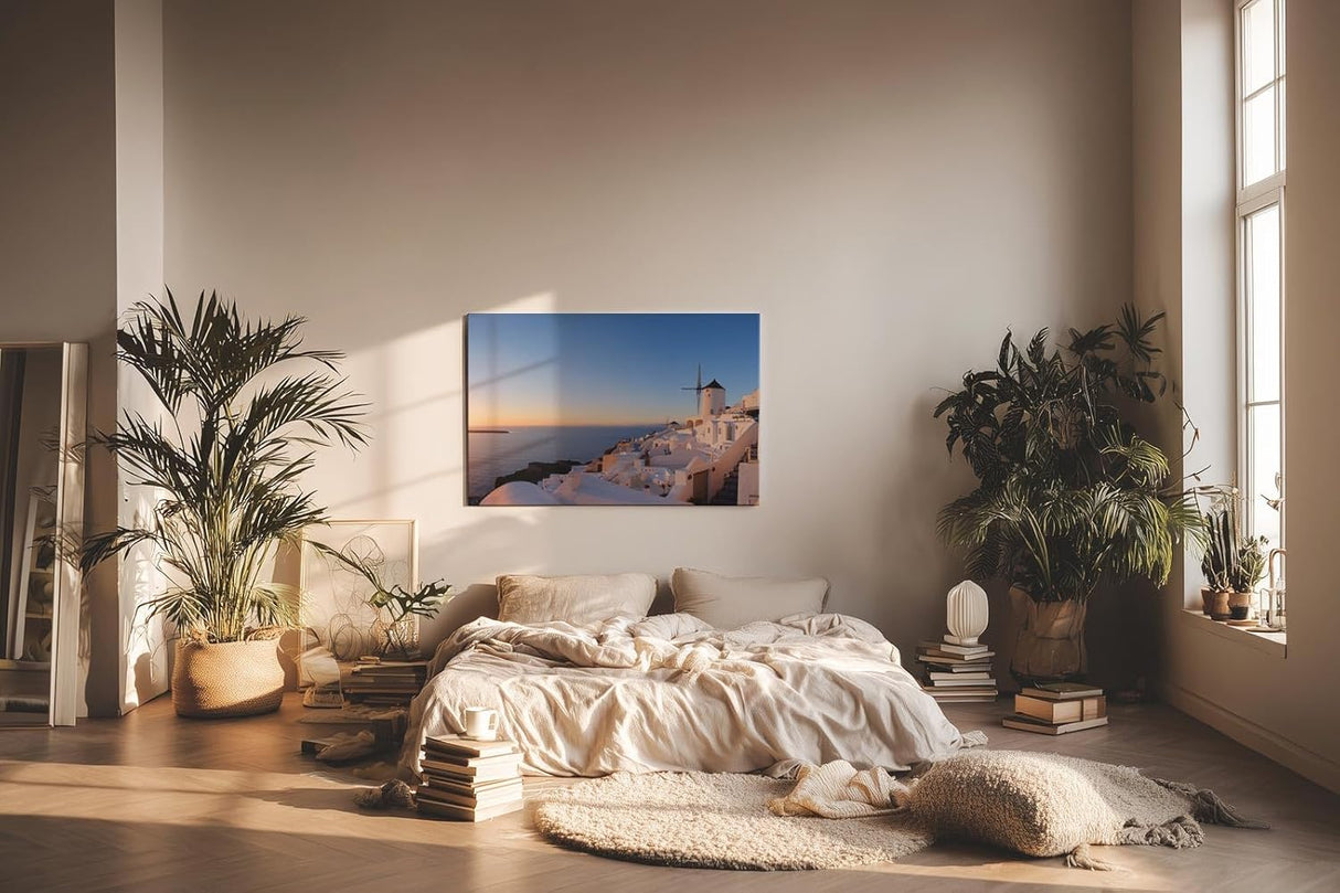 Sinus Art Wandbild 120x80cm Weiße Häuser und Windmühlen über dem Meer im goldenen Abendlicht