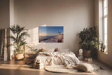 Sinus Art Wandbild 120x80cm Weiße Häuser und Windmühlen über dem Meer im goldenen Abendlicht