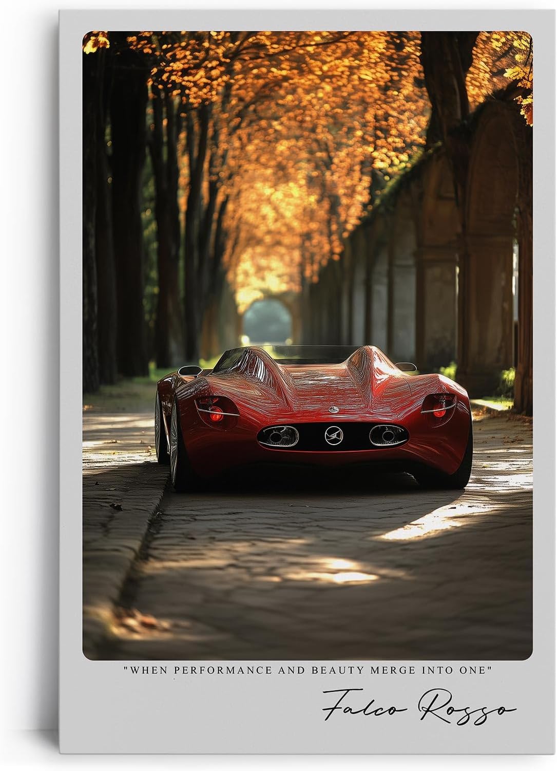Paul Sinus Leinwandbild 60x90cm Falco Rosso Leinwandbild rotes Auto in herbstlicher Allee faszinierendes Zusammenspiel von Leistung und Schönheit