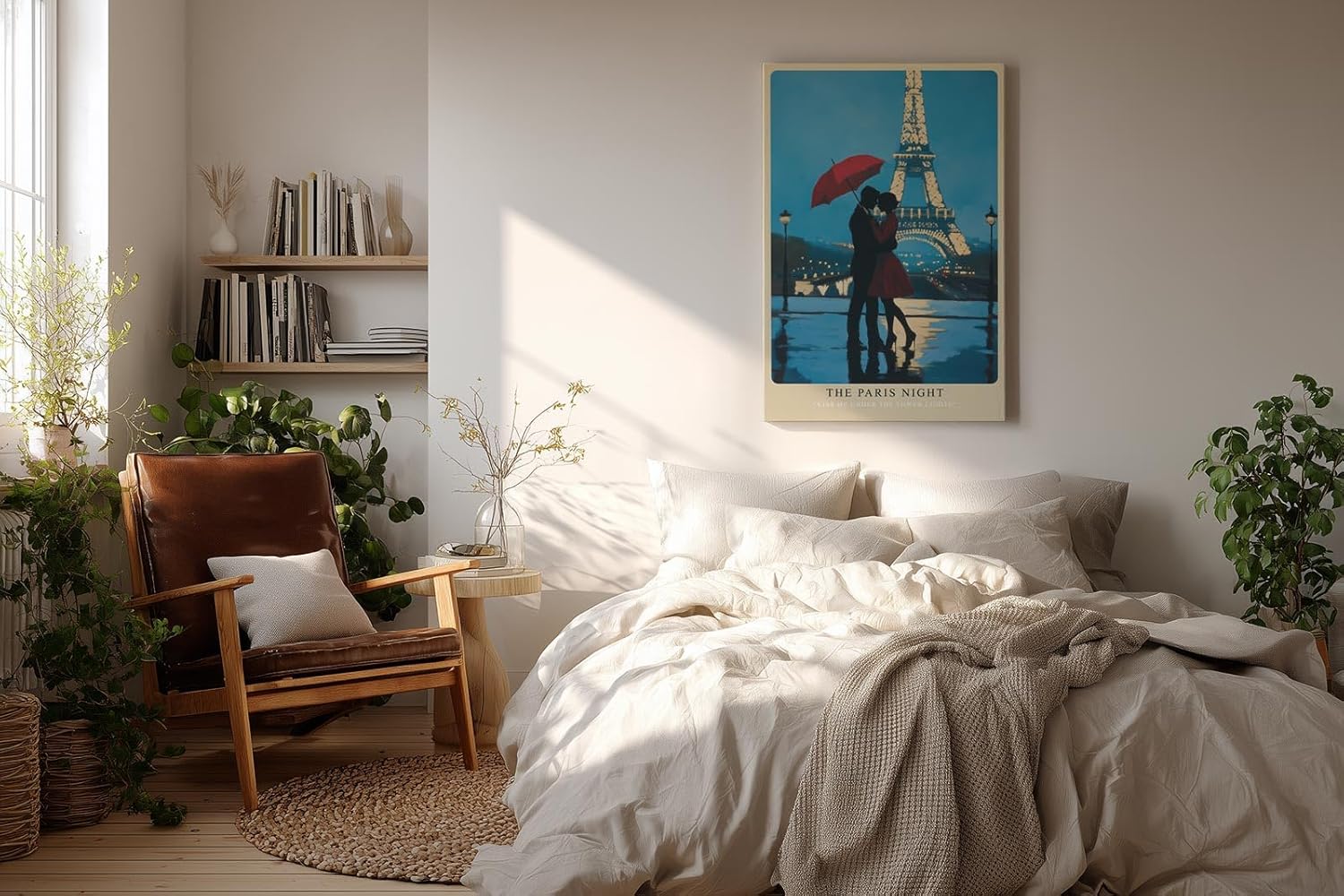 Paul Sinus Wandbild in 40x60cm The Paris Night – romantische Pariser Nachtszene mit Paar und rotem Schirm vor dem Eiffelturm für elegante Raumgestaltung