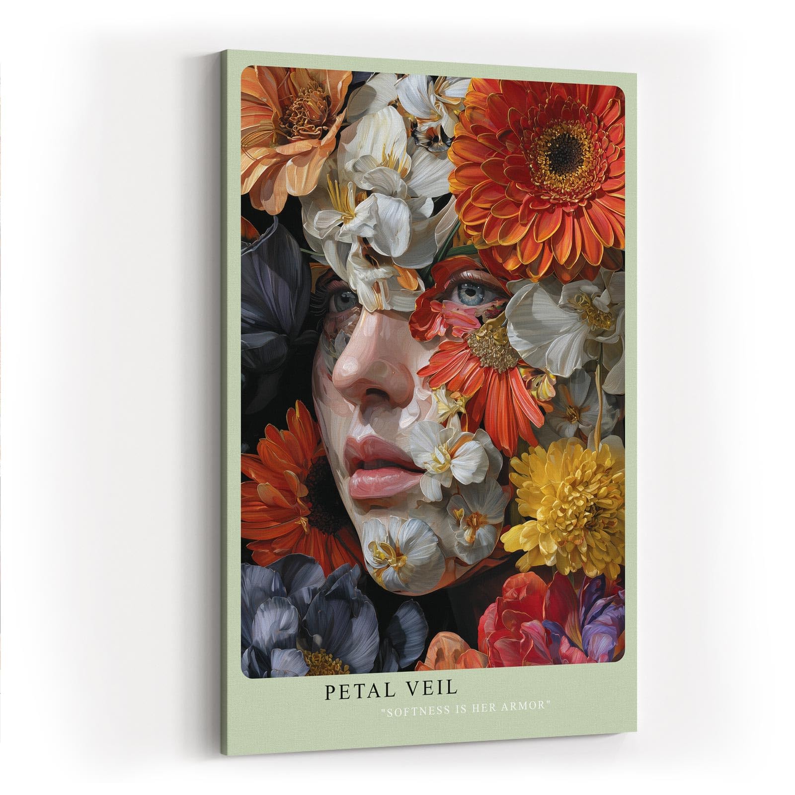 Paul Sinus Wandbild in 40x60cm Petal Veil mit Frauenportrait hinter floraler Komposition in kräftigen Farben für elegante Wandgestaltung