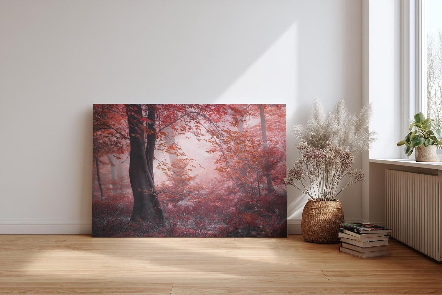 Sinus Art Wandbild 120x80cm Roter Herbstwald mit dichter Vegetation und nebligem Licht – geheimnisvoll und bezaubernd