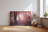 Sinus Art Wandbild 120x80cm Roter Herbstwald mit dichter Vegetation und nebligem Licht – geheimnisvoll und bezaubernd