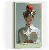 Paul Sinus Wandbild in 40x60cm Balanced Knowledge – Kreatives Porträt einer jungen Frau mit Apfel auf dem Kopf, vertieft ins Lesen, moderne Bilder mit ausdrucksstarker Komposition