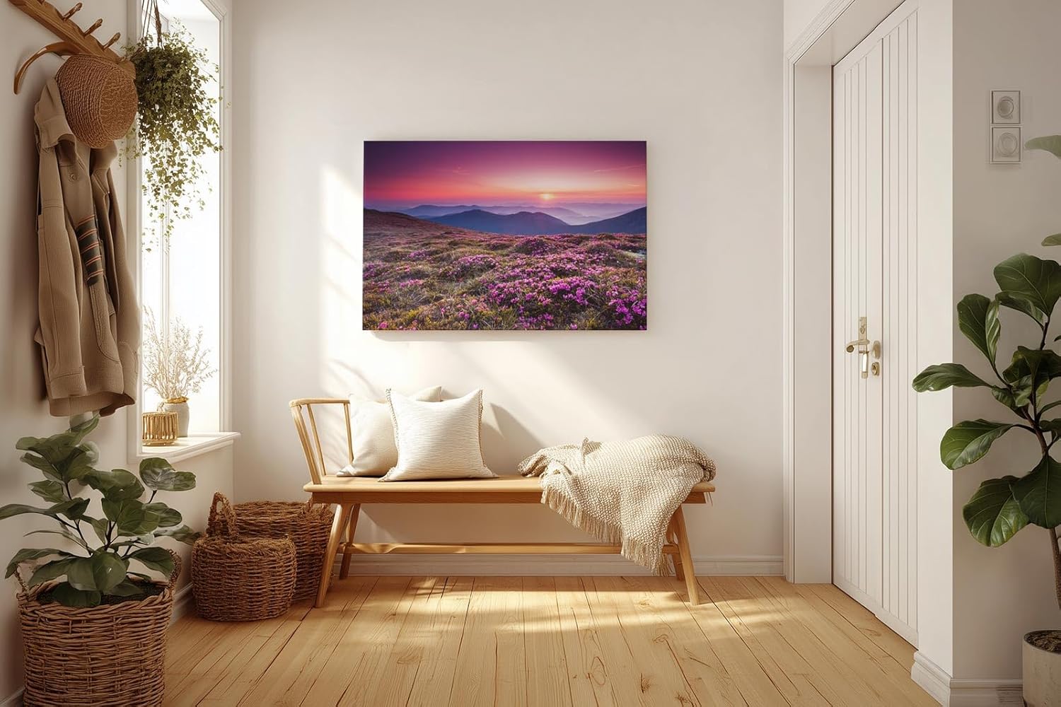 Sinus Art Wandbild 120x80cm Farbintensive Blumenwiese mit lila Blüten unter farbenfrohem Abendhimmel