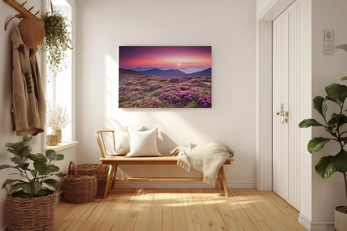 Sinus Art Wandbild 120x80cm Farbintensive Blumenwiese mit lila Blüten unter farbenfrohem Abendhimmel