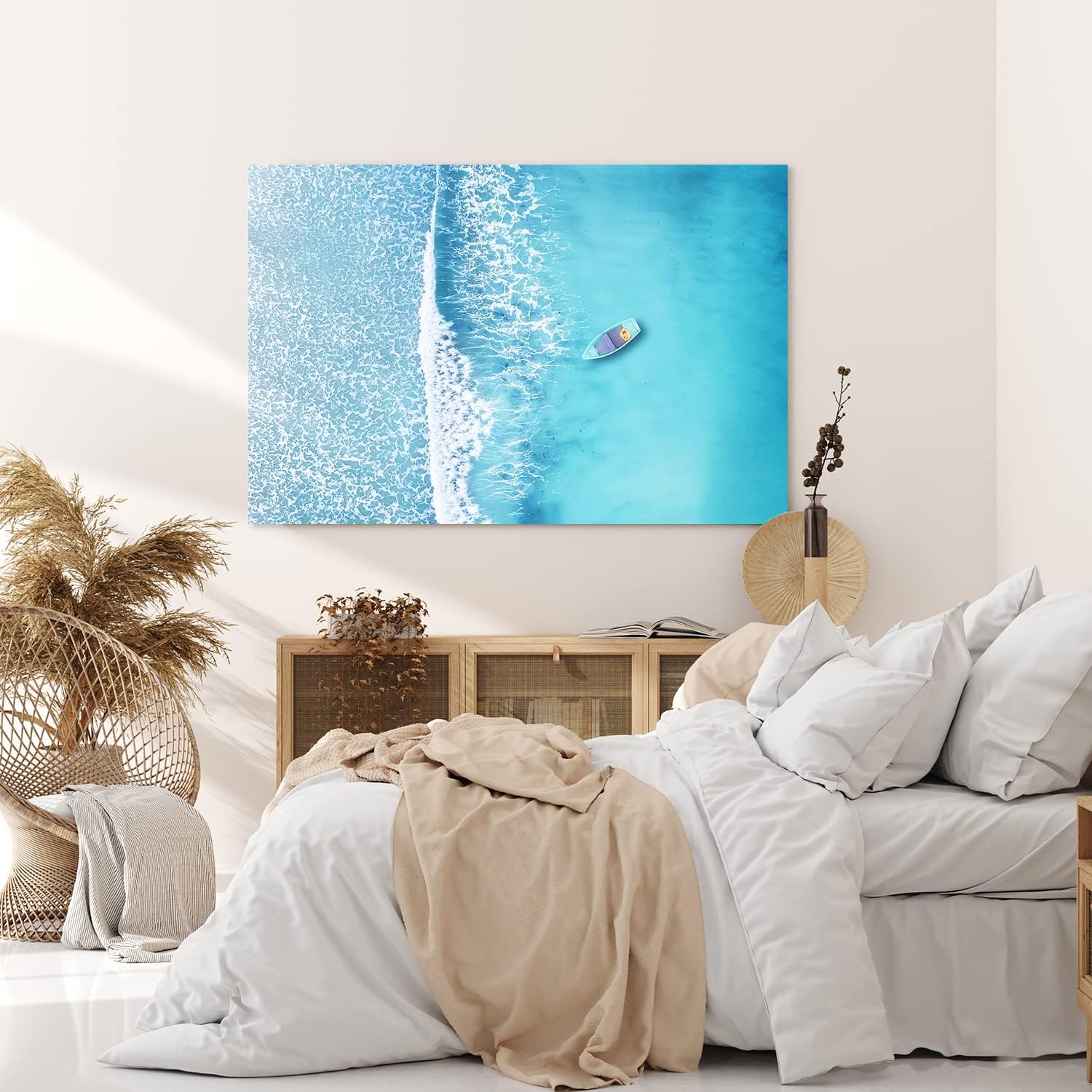 Paul Sinus Wandbild 120x80cm Luftaufnahme Strand Boot Blau Meer Wellen Vogelperspektive