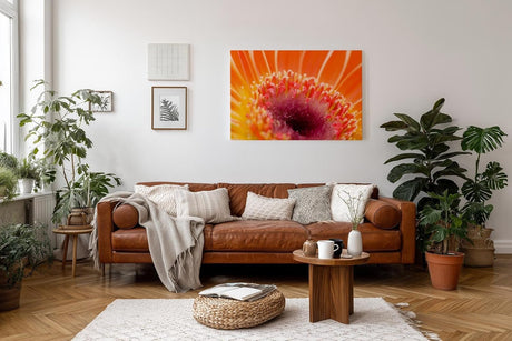 Sinus Art Wandbild 120x80cm Leuchtendes Orange und zartes Pink verschmelzen zu einem floralen Energiezentrum
