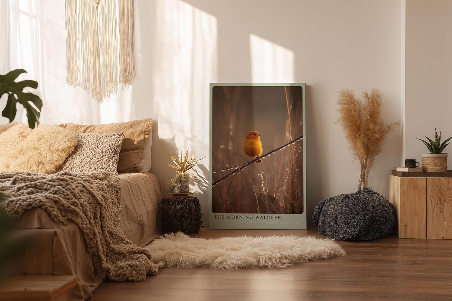 Paul Sinus Wandbild in 40x60cm Gelber Singvogel auf taubenetztem Zweig in Morgenstimmung