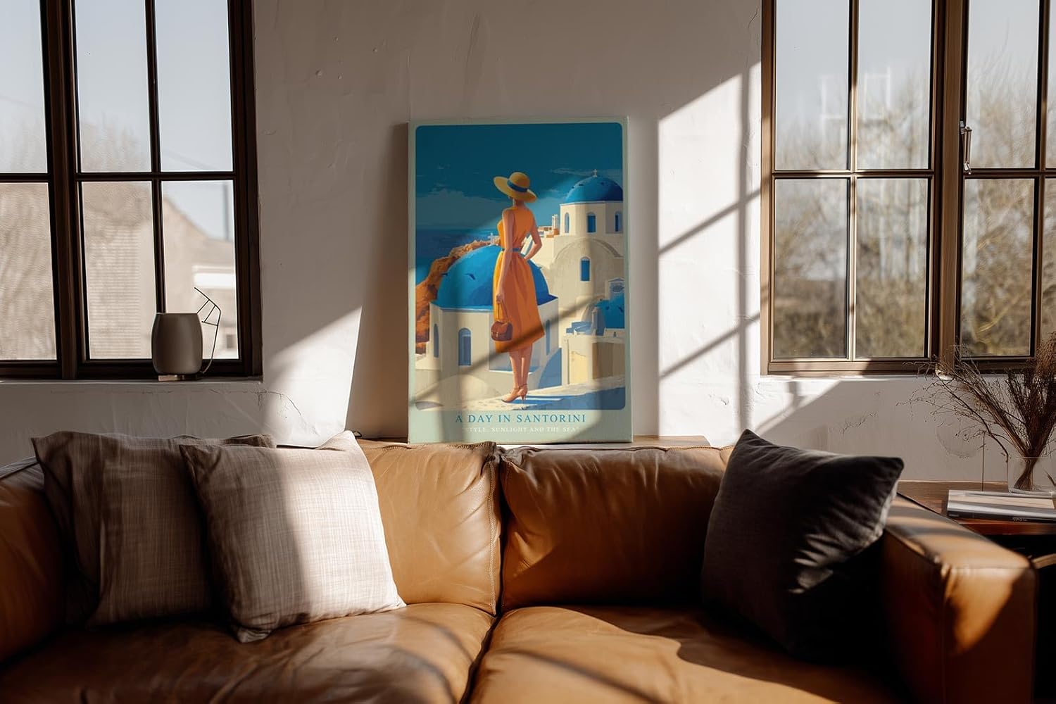 Paul Sinus Wandbild in 40x60cm A Day in Santorini – Frau in orangefarbenem Kleid mit Strohhut vor blau-weißen Kuppeln, sonnige Mittelmeerstimmung