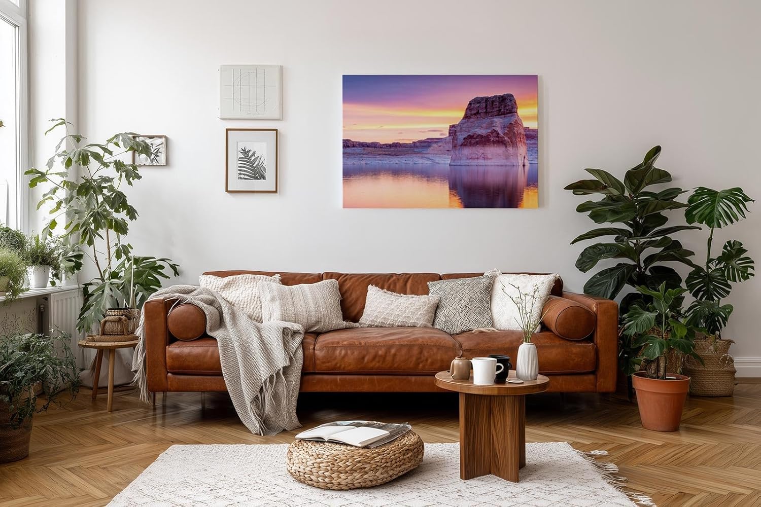 Sinus Art Wandbild 120x80cm Monolithische Felsformation spiegelt sich im ruhigen See unter farbigem Abendhimmel