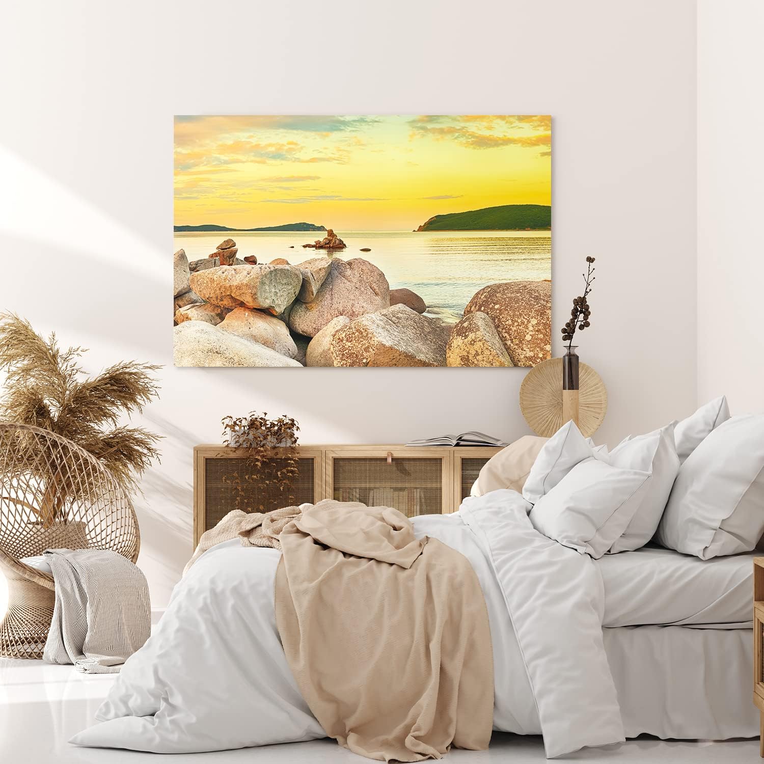 Paul Sinus Wandbild 120x80cm Felsen Meer roter Himmel Horizont Berge Sonnenuntergang