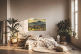 Sinus Art Wandbild 120x80cm Mächtiger Vulkan in weiter Gebirgslandschaft mit grünen Hügeln und aufgehender Sonne