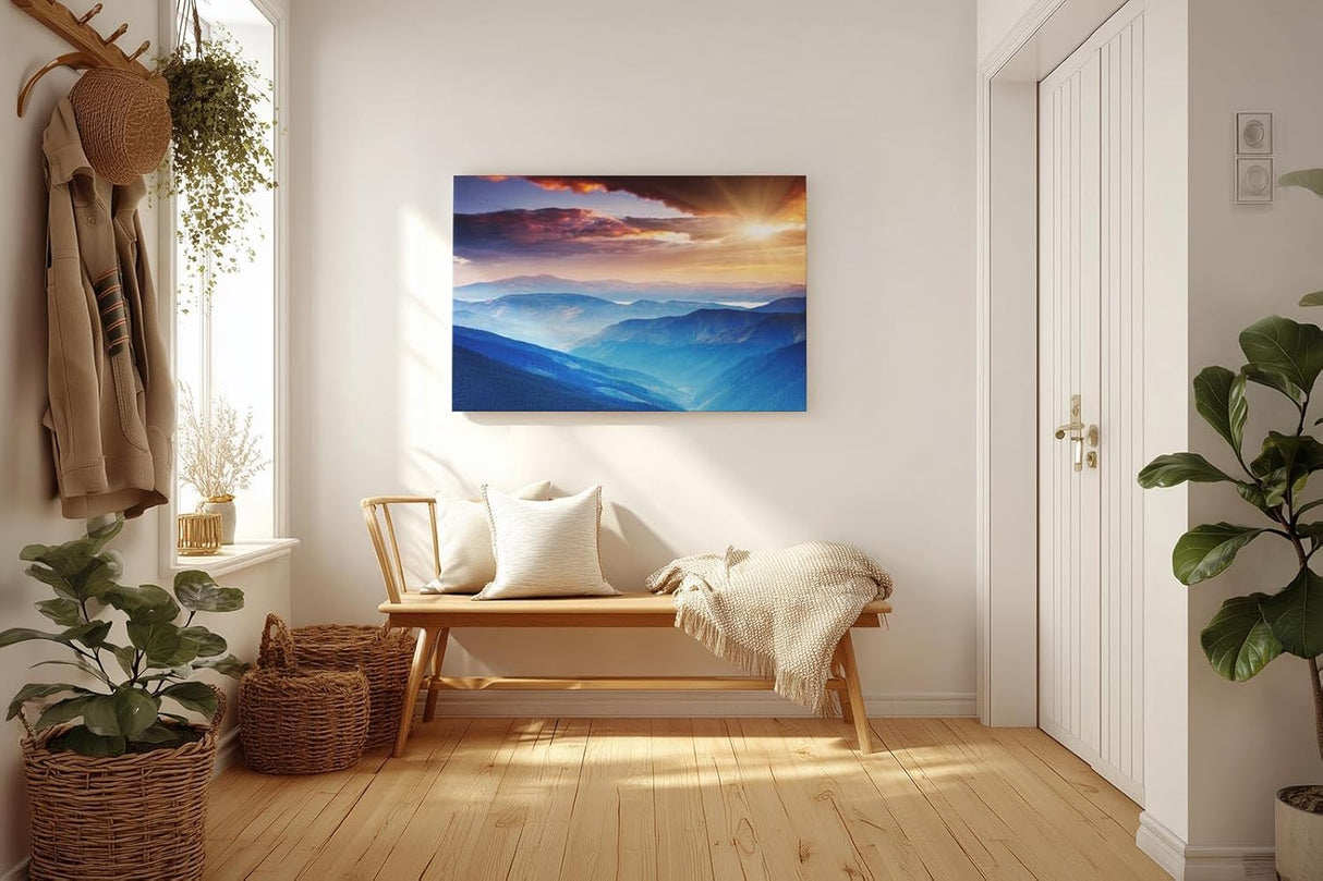 Sinus Art Wandbild 120x80cm Faszinierende Berglandschaft in verschiedenen Blauabstufungen mit goldener Sonne