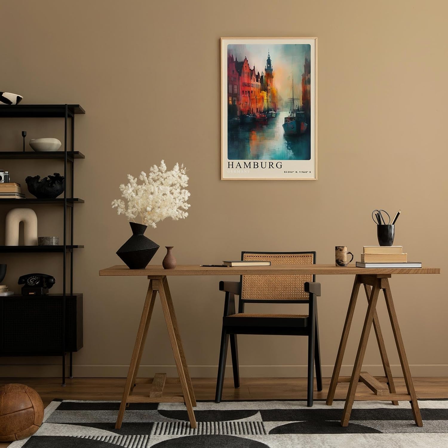 Paul Sinus Leinwandbild 80x120cm Hamburg Harbor Lights – Farbenfrohe Hafenszene mit historischen Gebäuden, Spiegelungen im Wasser