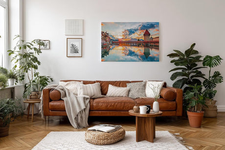 Sinus Art Wandbild 120x80cm Kapellbrücke und Wasserturm im Sonnenuntergang mit Spiegelung für atmosphärische Raumwirkung