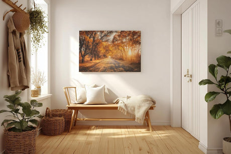 Sinus Art Wandbild 120x80cm Faszinierende Herbstallee mit goldenen Blättern und Lichtspiel in der Natur