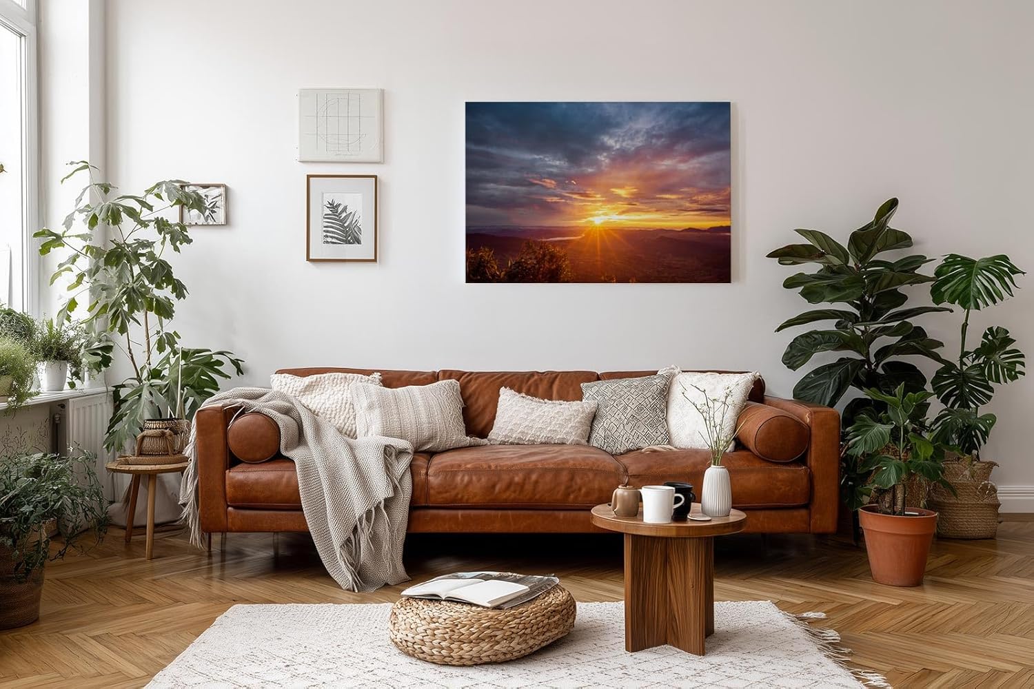 Sinus Art Wandbild 120x80cm Sonnenstrahlen brechen über eine weitläufige Hügellandschaft – beruhigend und lichtvoll