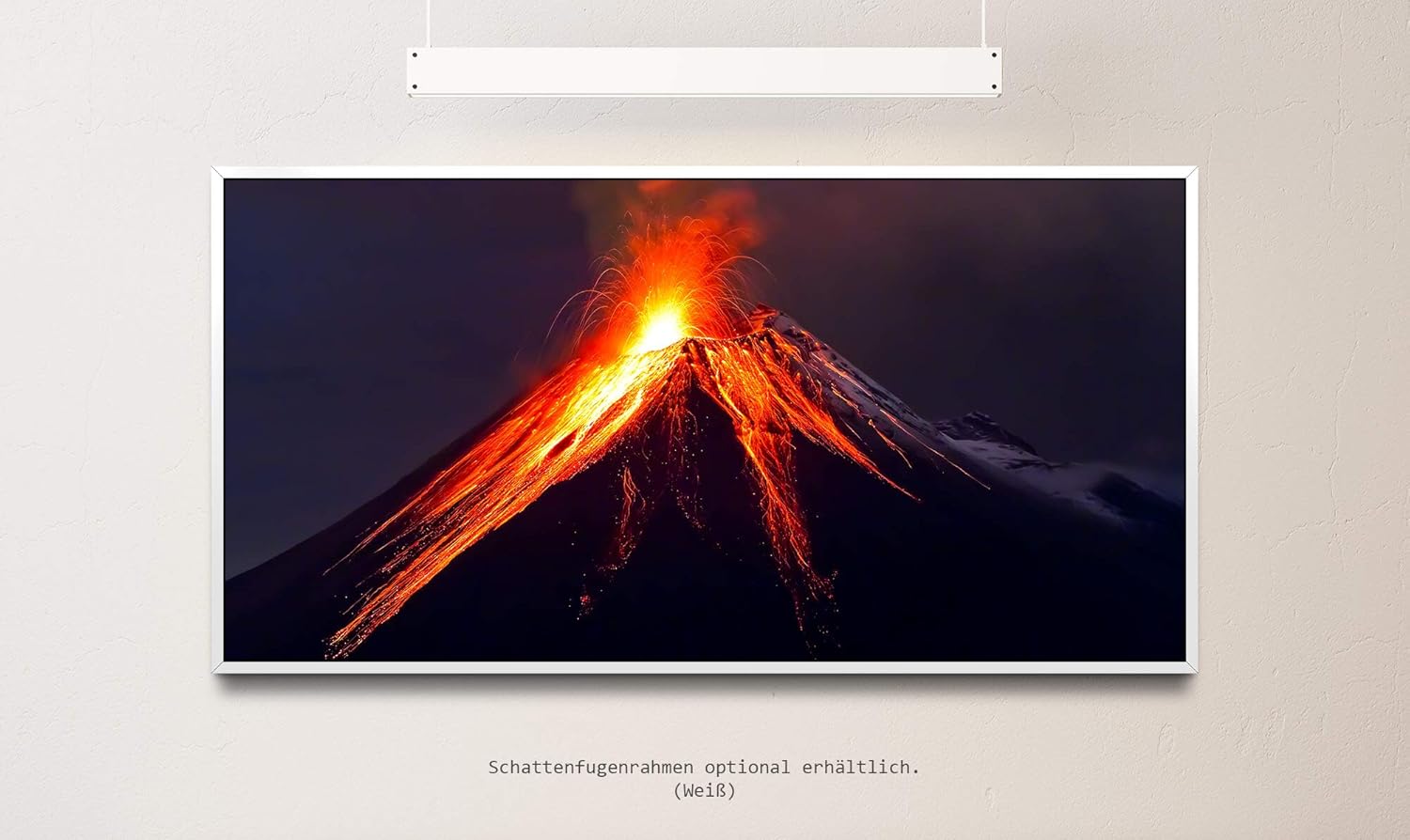 Vulkan mit Lava ca. 130x70cm Wandbild inklusive Schattenfugenrahmen weiss - Panorama Leinwand Bild XXL Format Wandbilder Wohnzimmer Wohnung Deko Kunstdrucke