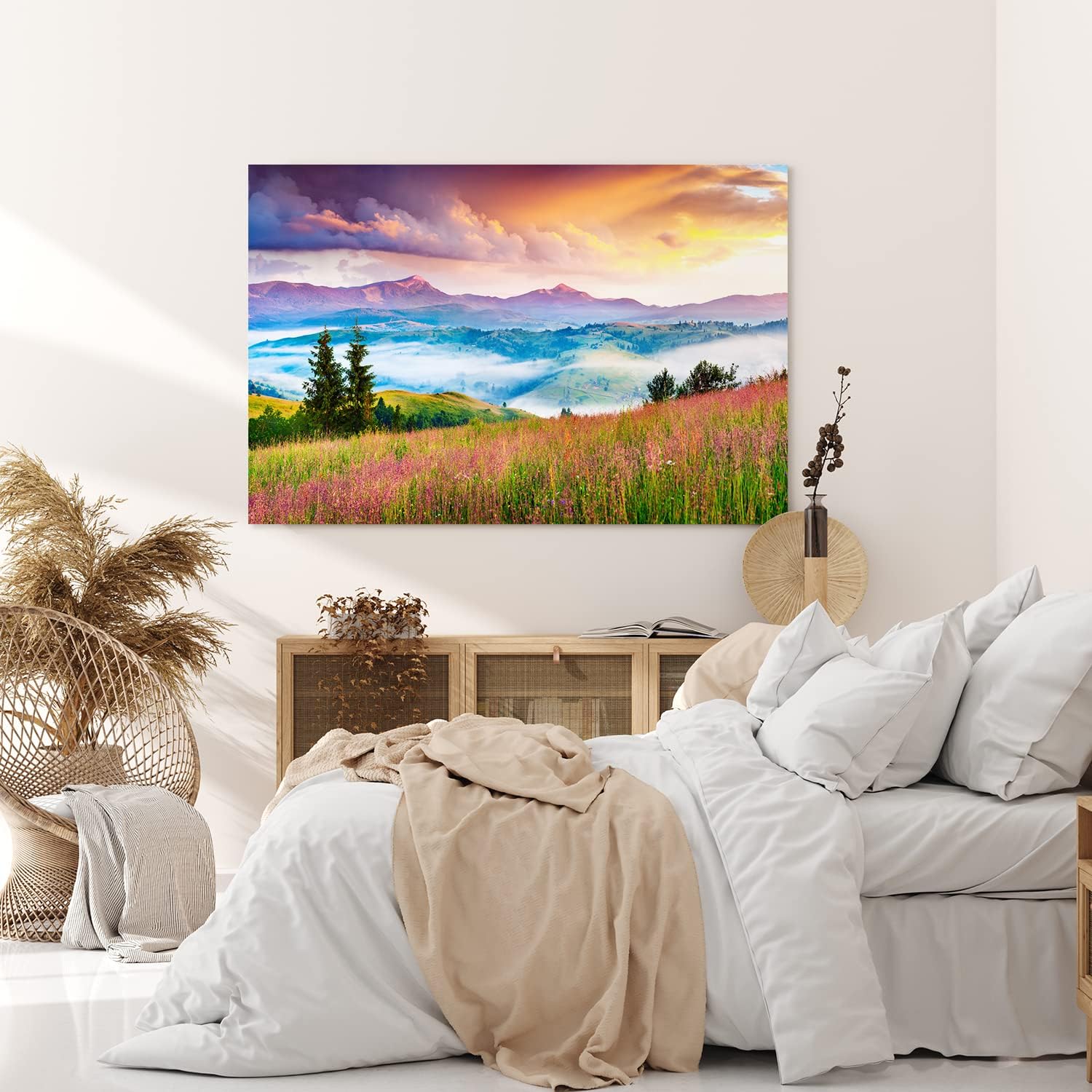 Paul Sinus Wandbild 120x80cm Bergtal Berge Berglandschaft Nebel Natur Blumenwiese