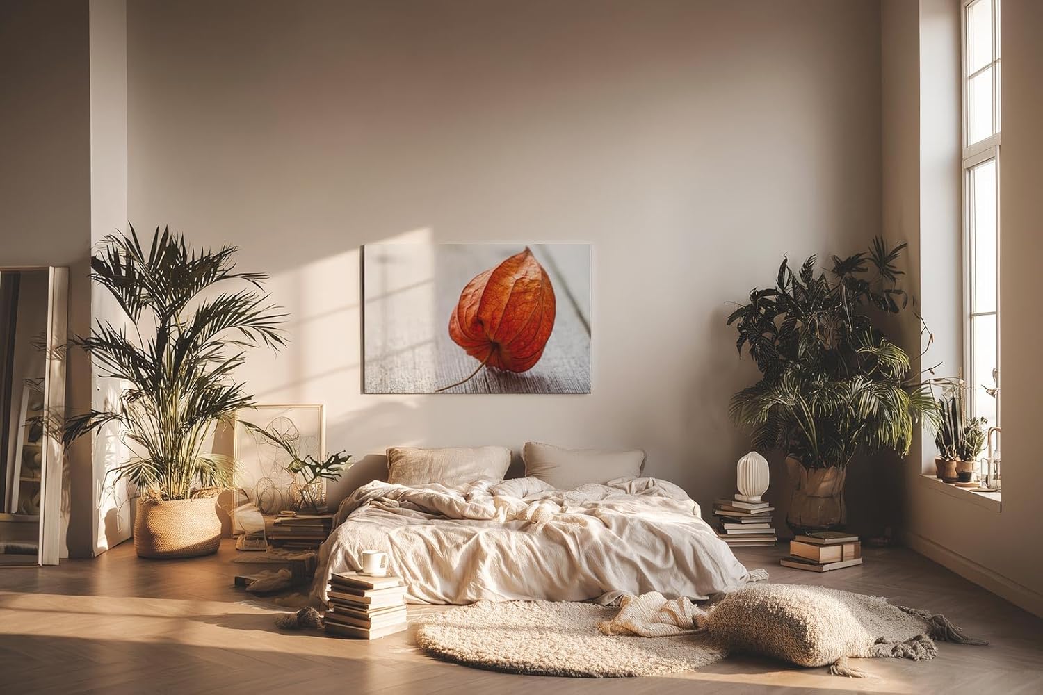 Sinus Art Wandbild 120x80cm Ruhiges Naturmotiv mit physalisähnlicher Blüte auf rustikalem Holzuntergrund