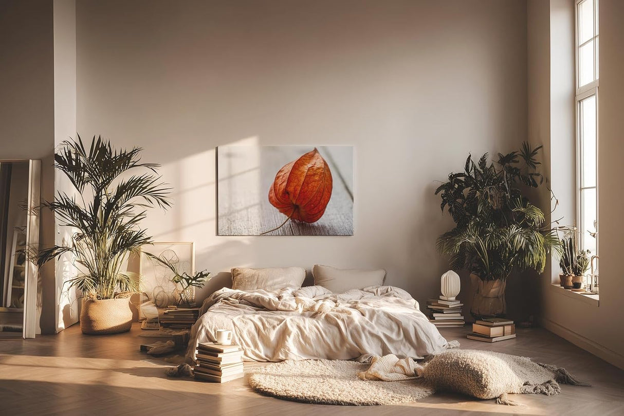 Sinus Art Wandbild 120x80cm Ruhiges Naturmotiv mit physalisähnlicher Blüte auf rustikalem Holzuntergrund