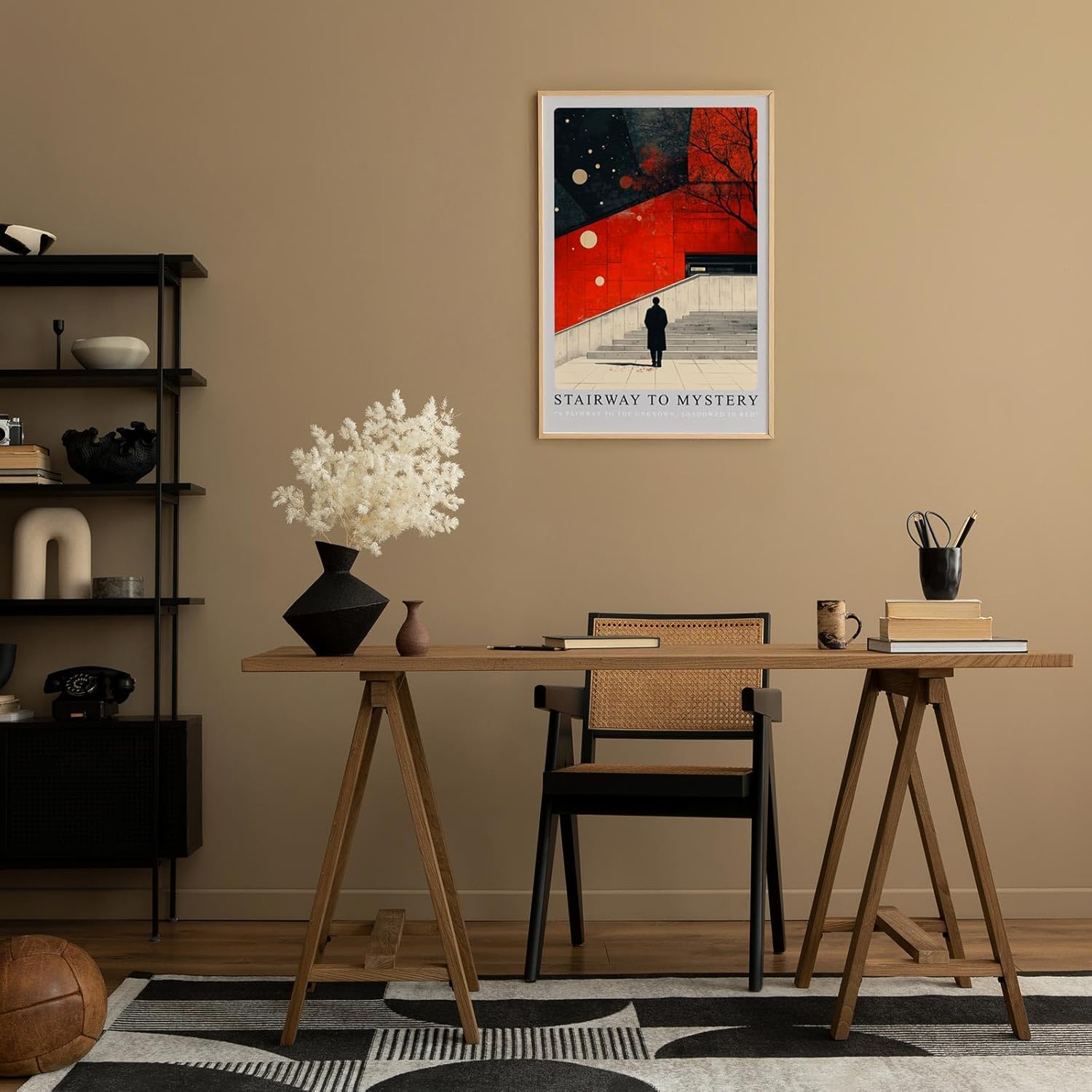 Paul Sinus Leinwandbild 40x60cm Stairway to Mystery Leinwandbild geheimnisvolle Treppe vor roter Wand faszinierende Mischung aus Architektur