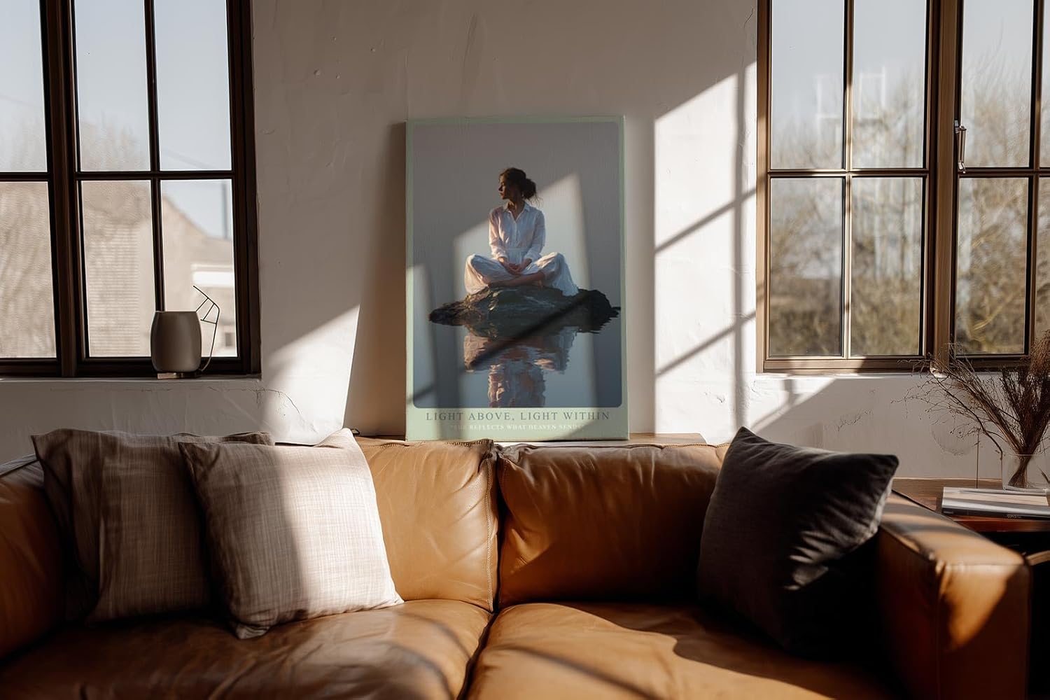 Paul Sinus Wandbild in 40x60cm Light Above, Light Within – Meditatives Porträt einer Frau in weißem Gewand, sitzend auf einem Felsen im stillen Wasser bei Sonnenaufgang