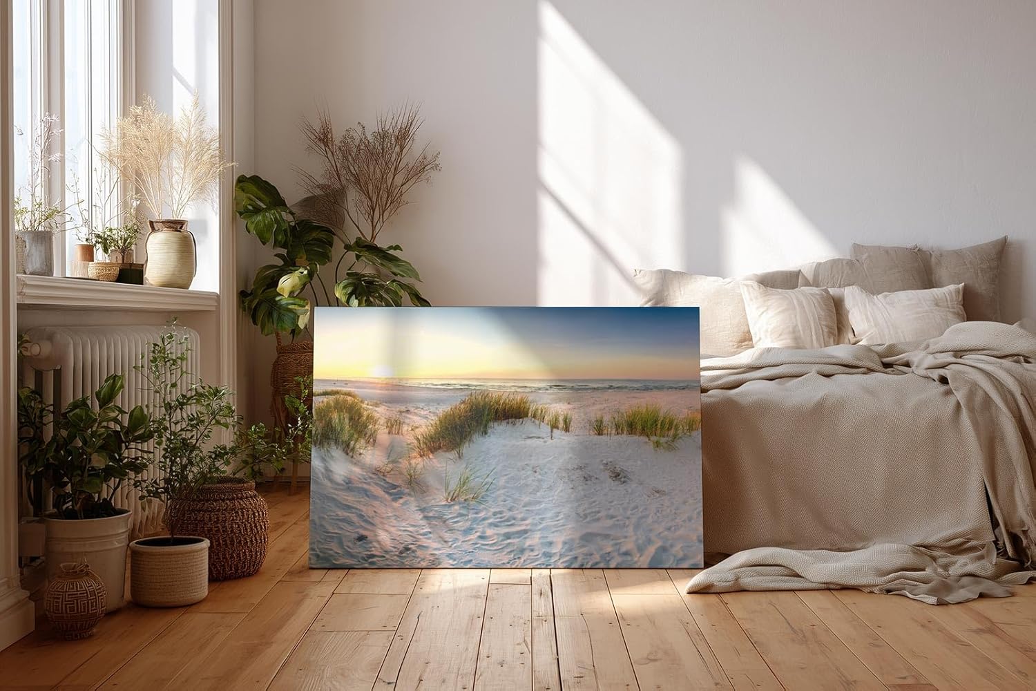 Sinus Art Wandbild 120x80cm Weiße Dünen mit Gräsern bei sanftem Sonnenlicht für beruhigende Raumwirkung