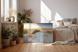 Sinus Art Wandbild 120x80cm Weiße Dünen mit Gräsern bei sanftem Sonnenlicht für beruhigende Raumwirkung