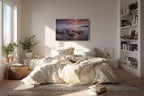 Sinus Art Wandbild 120x80cm Sanfte Wellen, Felsen im Wasser und ein farbintensiver Abendhimmel schaffen Harmonie und Weite