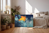 Sinus Art Wandbild 120x80cm Einzelnes orangefarbenes Ahornblatt im feuchten Gras mit Tautropfen und Lichtpunkten