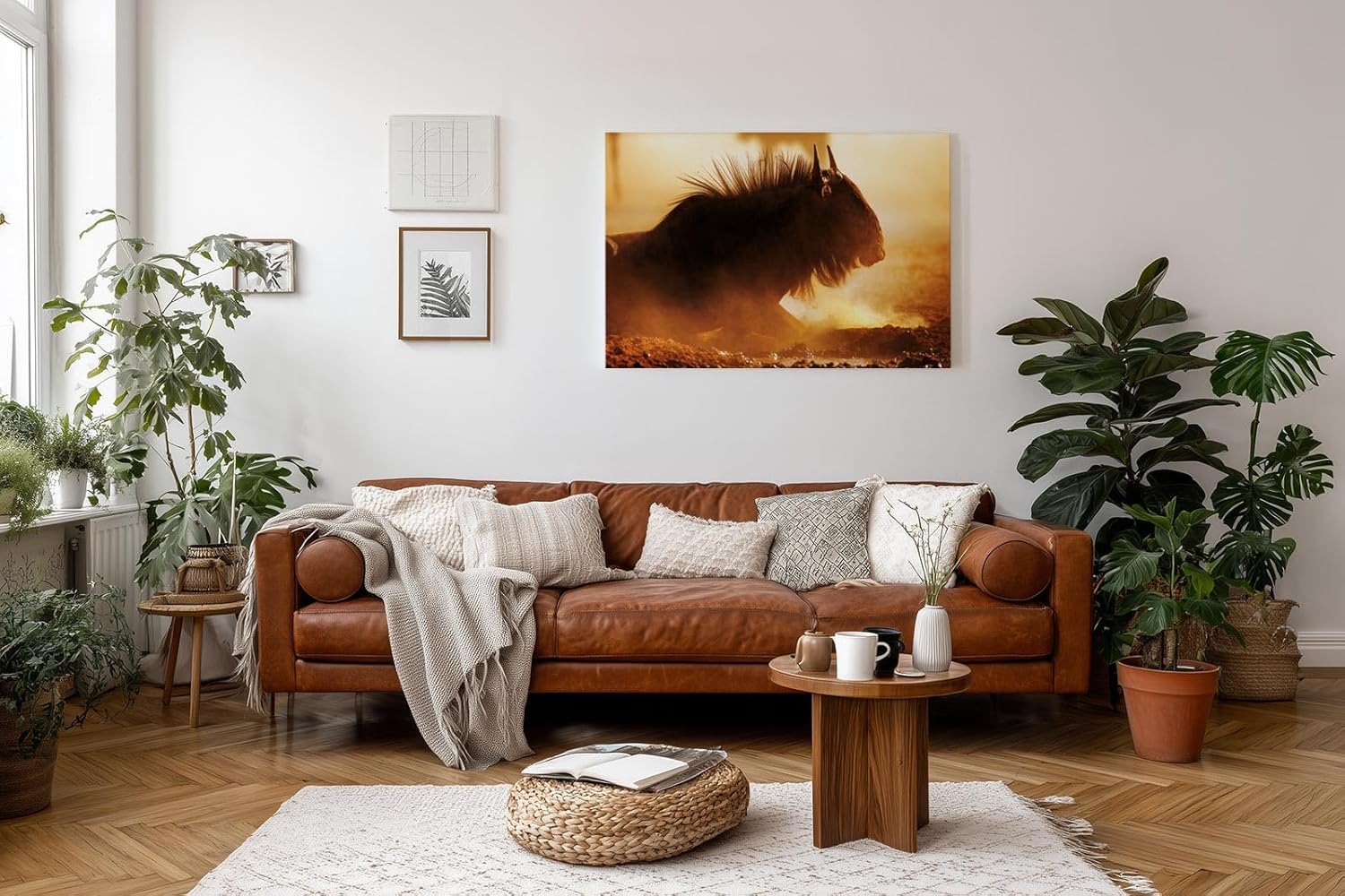 Sinus Art Wandbild 120x80cm Eindrucksvolle Tieraufnahme mit staubigem Lichtspiel und natürlicher Wildnis-Atmosphäre
