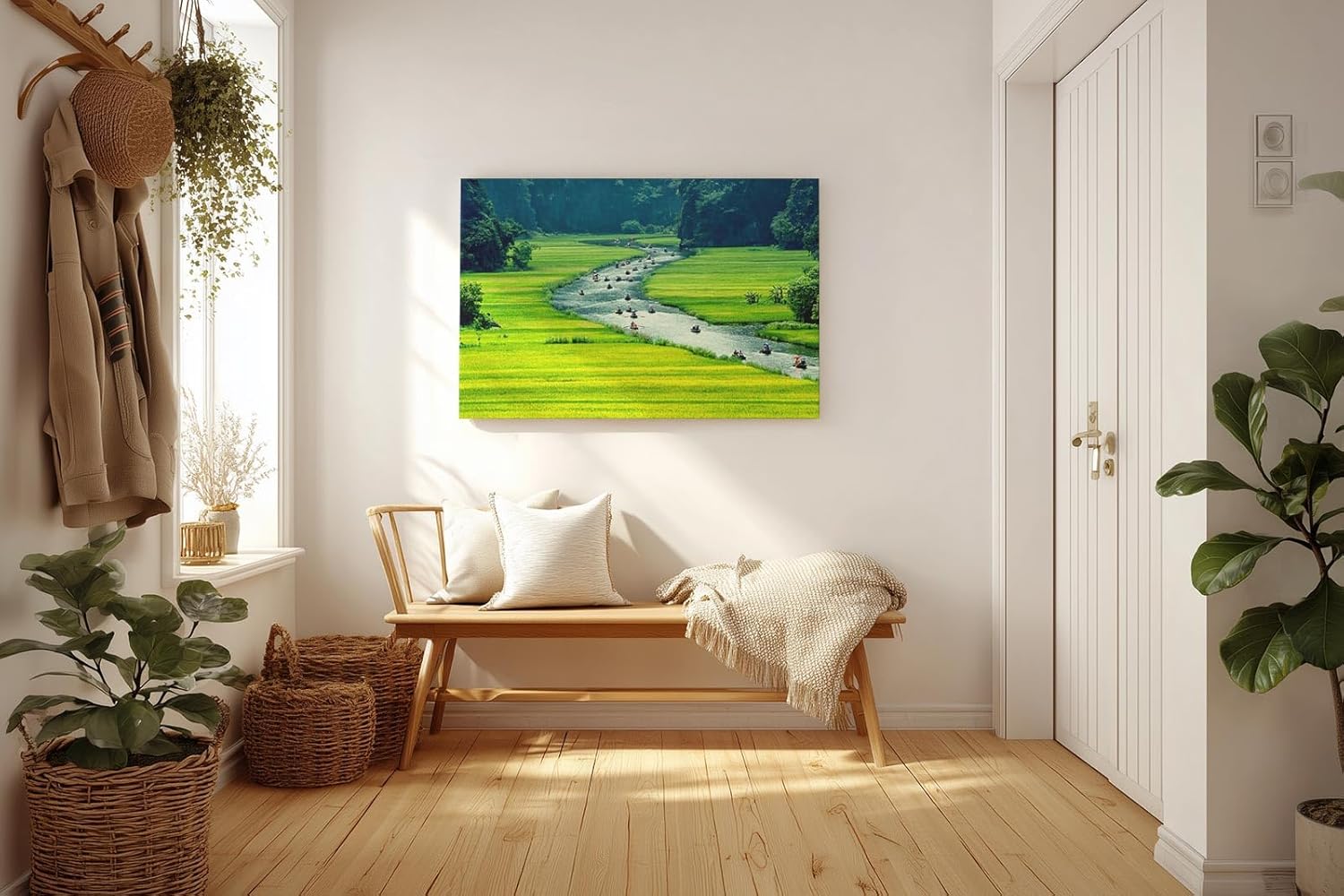 Sinus Art Wandbild 120x80cm Schmaler Fluss mit vielen Booten zwischen satten Reisfeldern in leuchtendem Grün