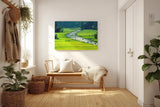 Sinus Art Wandbild 120x80cm Schmaler Fluss mit vielen Booten zwischen satten Reisfeldern in leuchtendem Grün