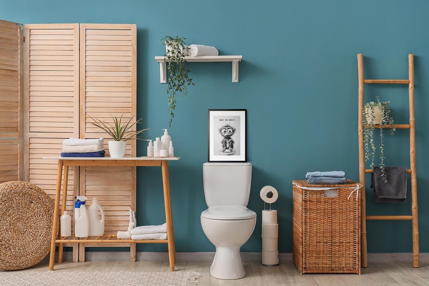 Paul Sinus Poster/Leinwandbild/Rahmenoption – Verrückter Affe auf Toilette „Hast du Koks?“ – Lustige WC-Deko für dein Badezimmer