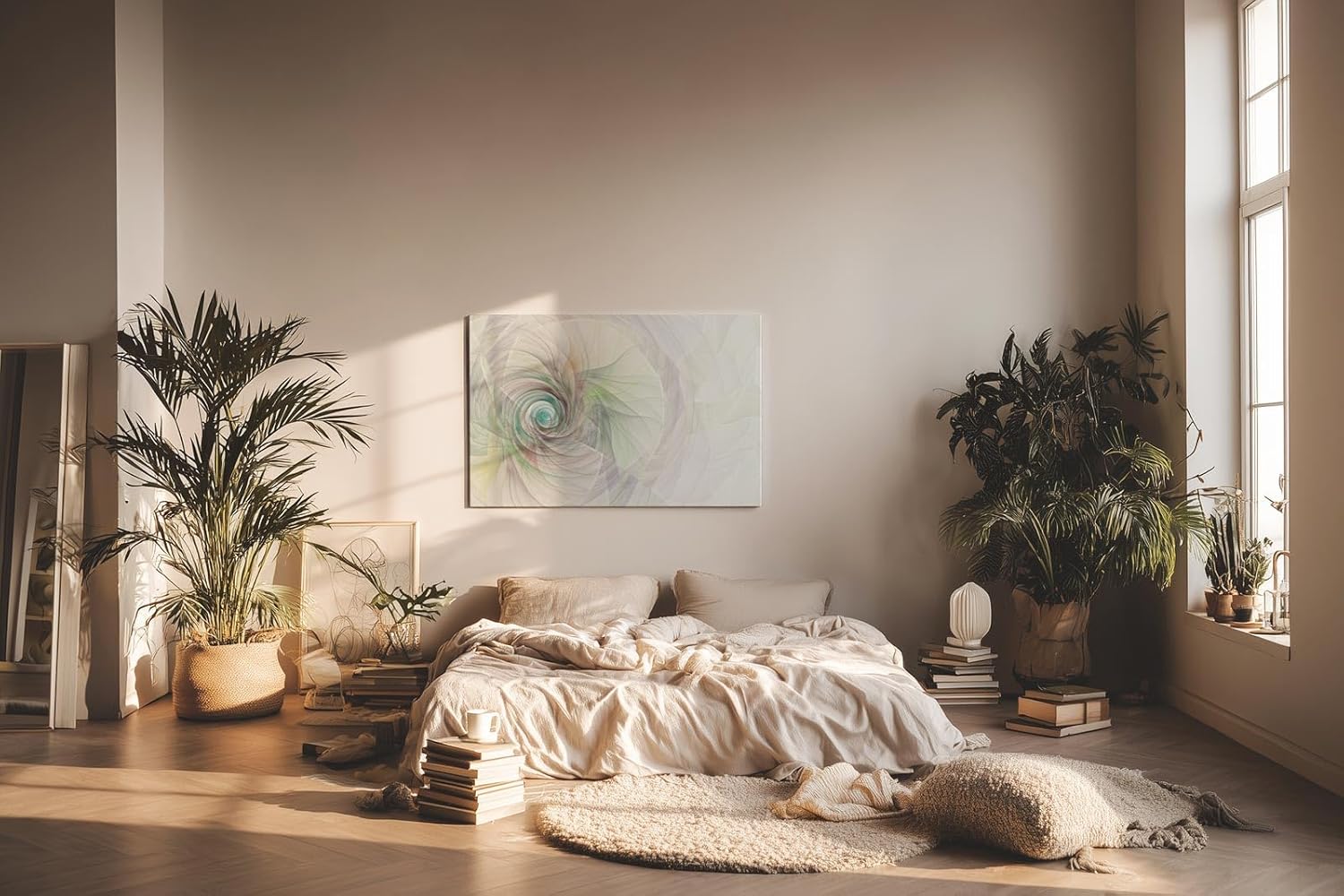 Sinus Art Wandbild 120x80cm Feines Wirbelmuster in Pastellfarben wie Mint, Rosé und Hellgrau – beruhigend und harmonisch