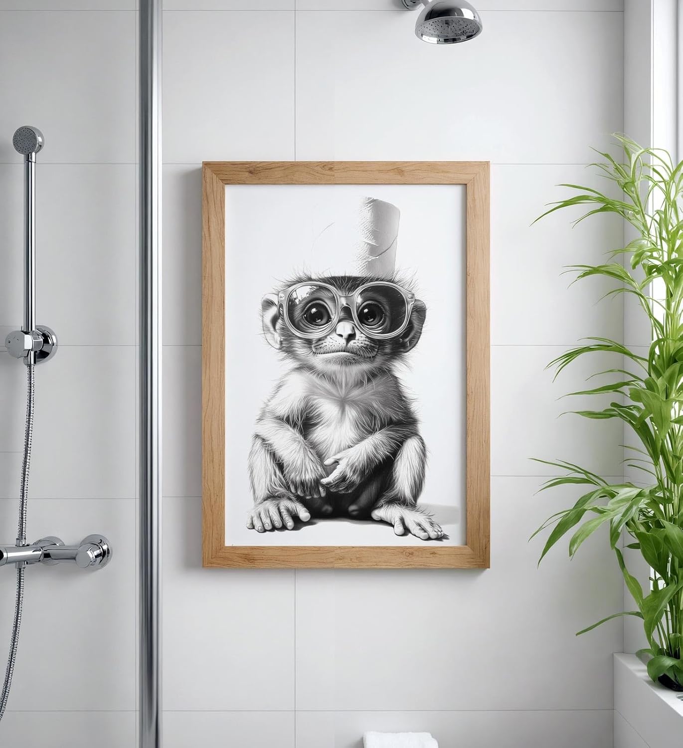Paul Sinus Poster/Leinwandbild/Rahmenoption – Lustiger Affe mit Klopapierhut – Witzige WC-Deko für dein Badezimmer