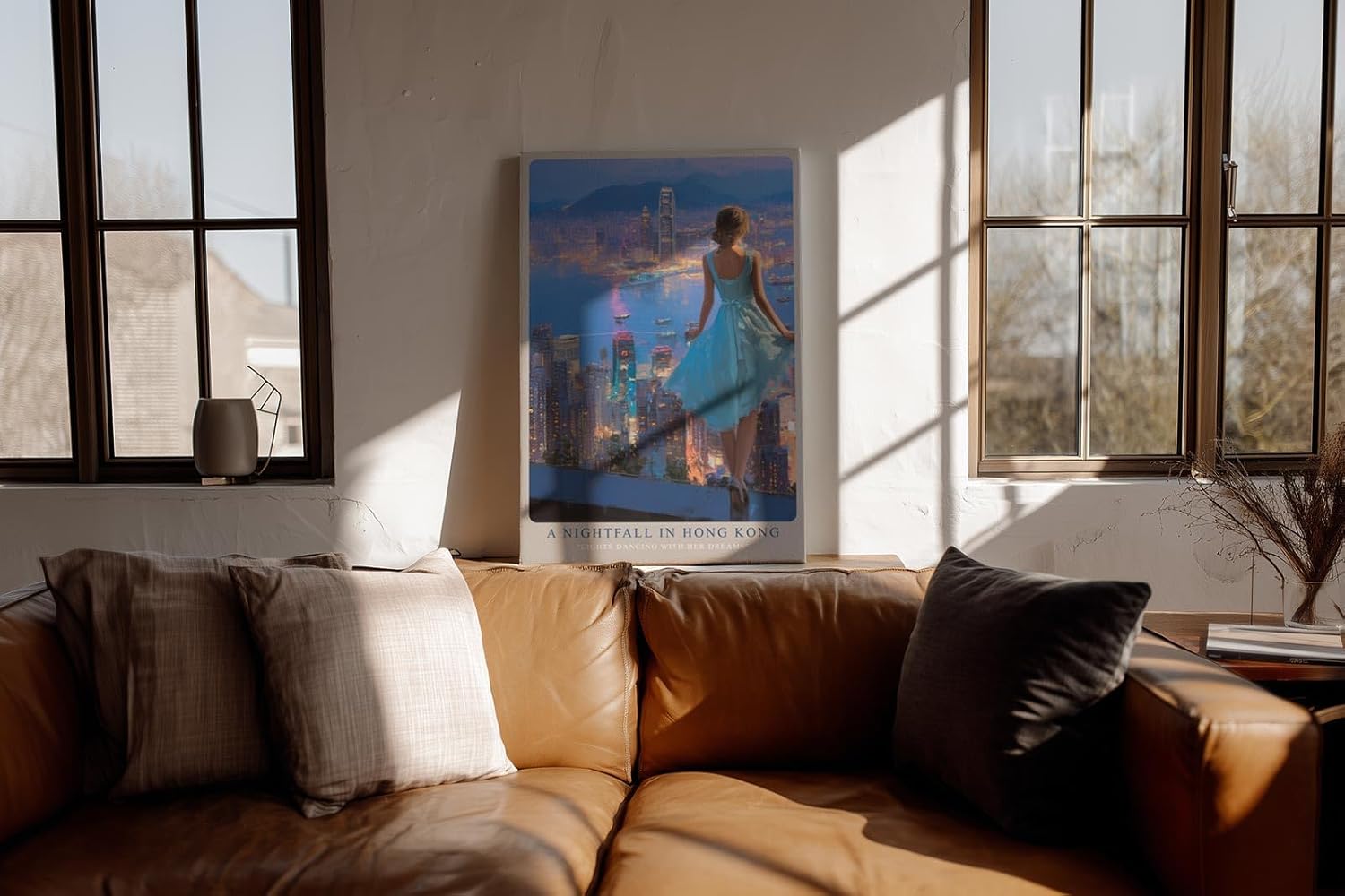Paul Sinus Wandbild in 40x60cm A Nightfall in Hong Kong – Blick auf die funkelnde Skyline bei Nacht, elegante Frau im blauen Kleid, romantisches Stadtmotiv