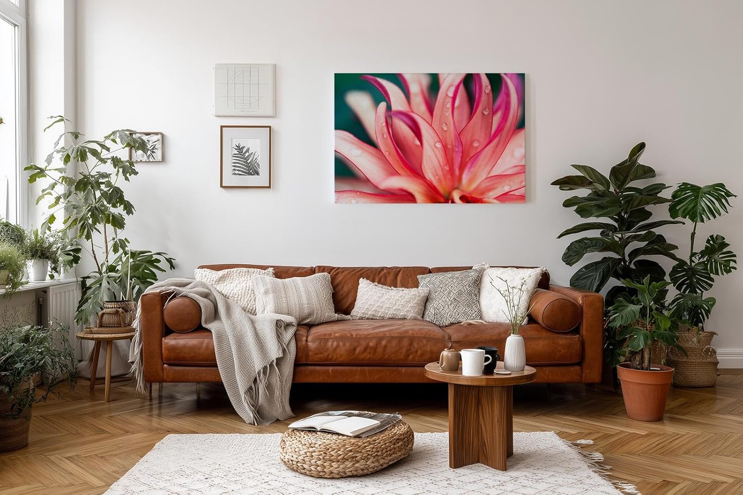 Sinus Art Wandbild 120x80cm Blüte in Pink mit Tautropfen – faszinierende Struktur und frische Ästhetik