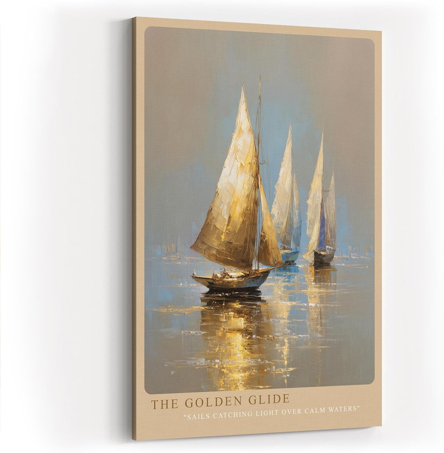 Paul Sinus Wandbild in 40x60cm The Golden Glide – Goldene Segelboote auf ruhigem Wasser im warmen Licht