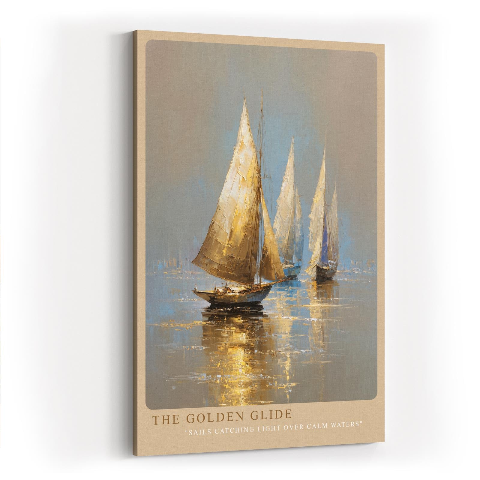 Paul Sinus Wandbild in 40x60cm The Golden Glide – Goldene Segelboote auf ruhigem Wasser im warmen Licht