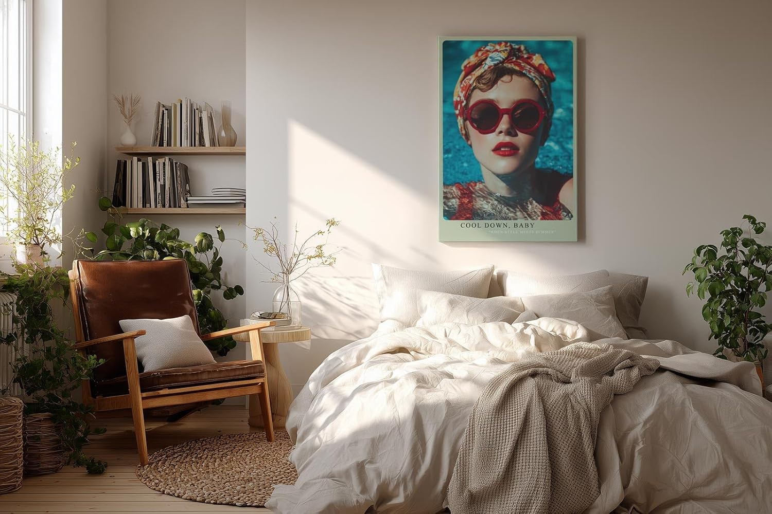 Paul Sinus Wandbild in 40x60cm Cool Down Baby Stylish Woman with Red Sunglasses and Headscarf in Poolside Summer Vibe