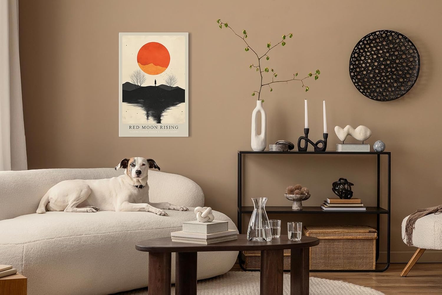 Paul Sinus Leinwandbild 40x60cm Red Moon Rising geheimnisvolle Landschaft mit leuchtend rotem Mond Silhouette einsamer Figur reflektierendes Wasser