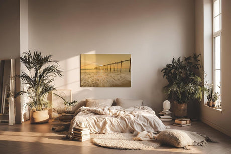 Sinus Art Wandbild 120x80cm Stimmungsvolle Aufnahme eines alten Holzstegs im goldenen Sonnenlicht auf offener See